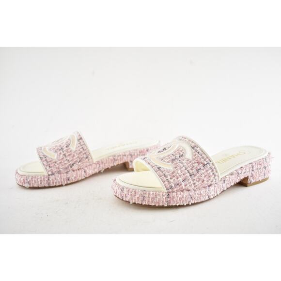 Chanel 20P Pink White Tweed Mesh CC Logo Slide Slip On Sandal Mule Heel Flat 36 - Picture 12 of 15